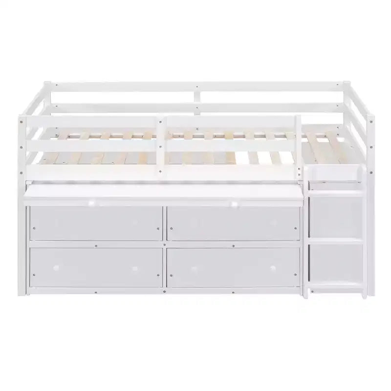 Lit mezzanine double/grand format avec bureau rétractable et 4 tiroirs, cadre de lit mezzanine bas en bois avec étagères - ModernLuxe