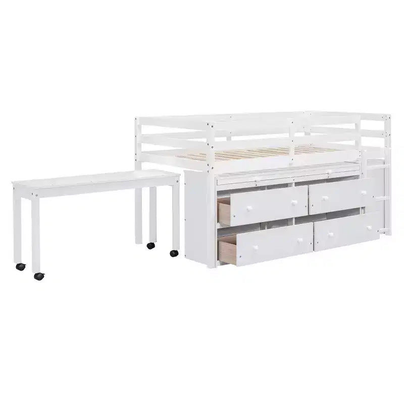 Lit mezzanine double/grand format avec bureau rétractable et 4 tiroirs, cadre de lit mezzanine bas en bois avec étagères - ModernLuxe