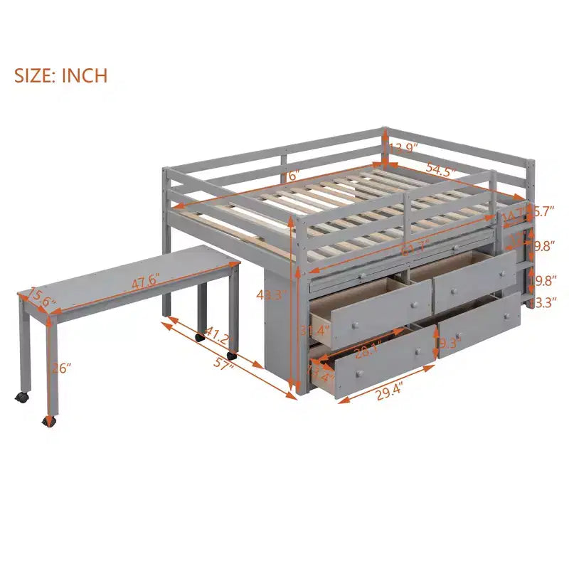 Lit mezzanine double/grand format avec bureau rétractable et 4 tiroirs, cadre de lit mezzanine bas en bois avec étagères - ModernLuxe