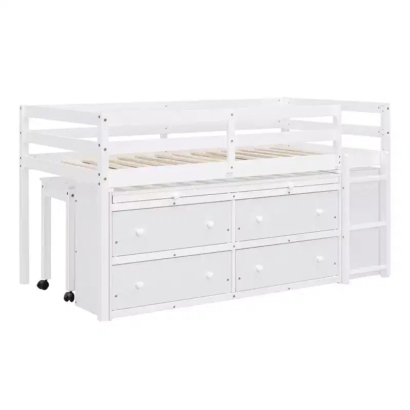 Lit mezzanine double/grand format avec bureau rétractable et 4 tiroirs, cadre de lit mezzanine bas en bois avec étagères - ModernLuxe