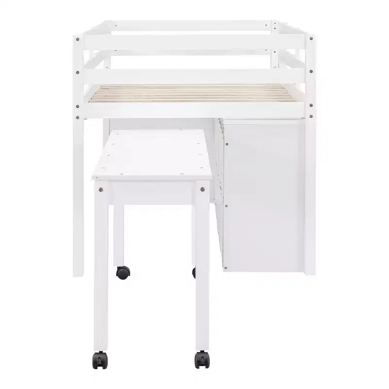 Lit mezzanine double/grand format avec bureau rétractable et 4 tiroirs, cadre de lit mezzanine bas en bois avec étagères - ModernLuxe