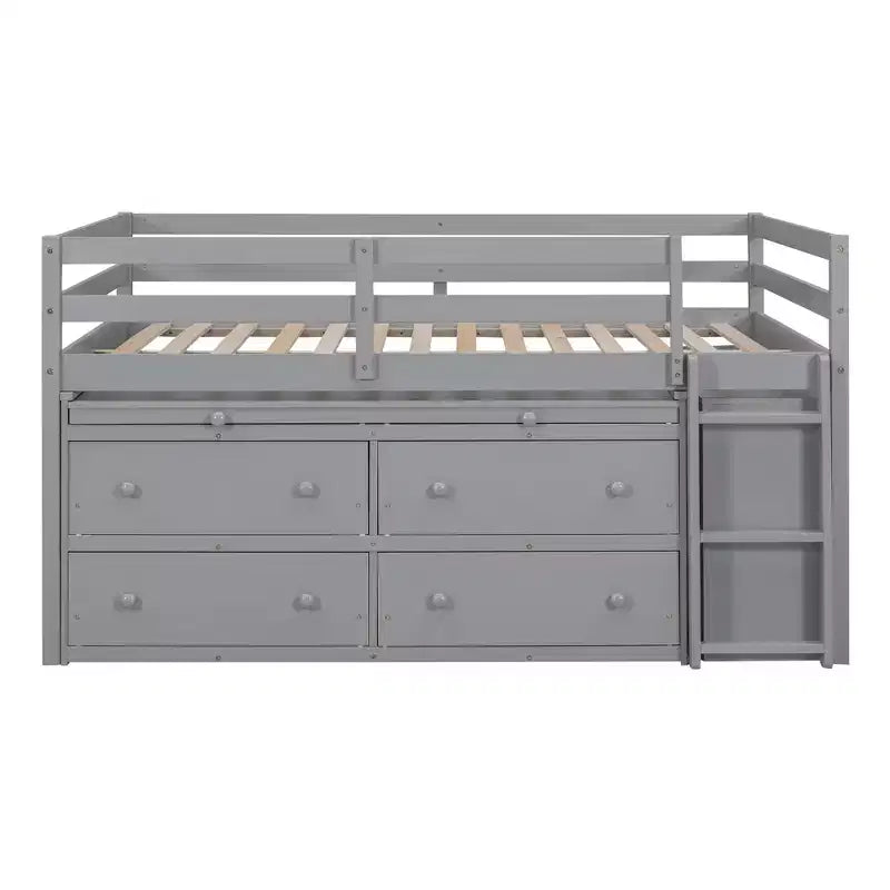 Lit mezzanine double/grand format avec bureau rétractable et 4 tiroirs, cadre de lit mezzanine bas en bois avec étagères - ModernLuxe