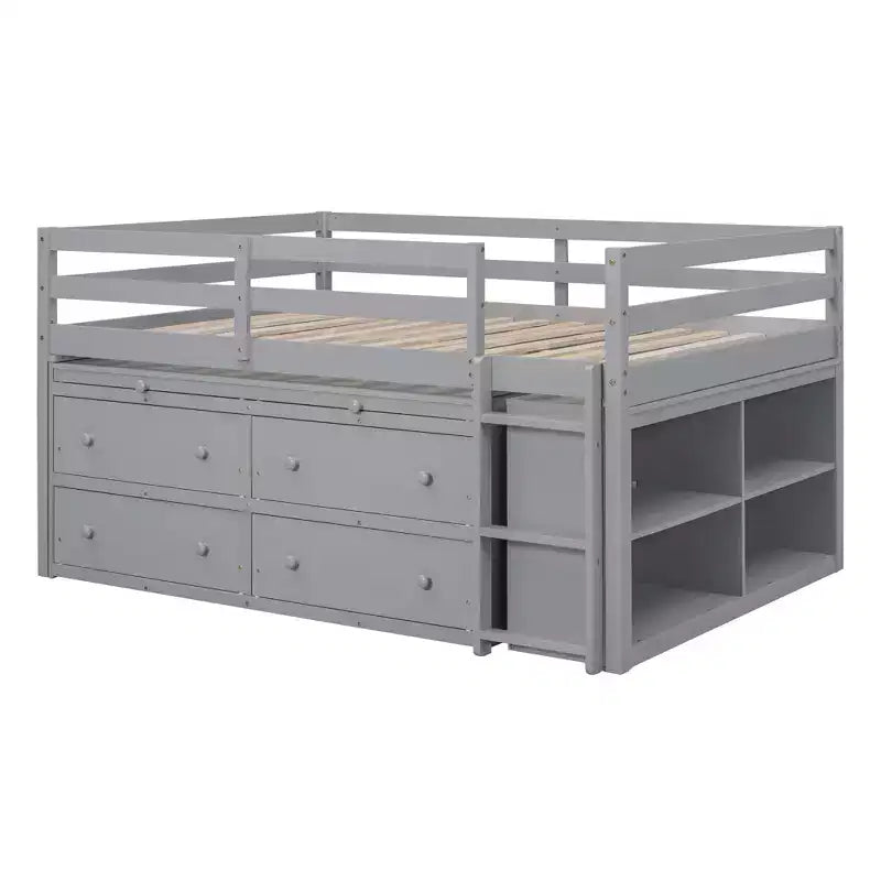 Lit mezzanine double/grand format avec bureau rétractable et 4 tiroirs, cadre de lit mezzanine bas en bois avec étagères - ModernLuxe