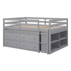 Lit mezzanine double/grand format avec bureau rétractable et 4 tiroirs, cadre de lit mezzanine bas en bois avec étagères - ModernLuxe