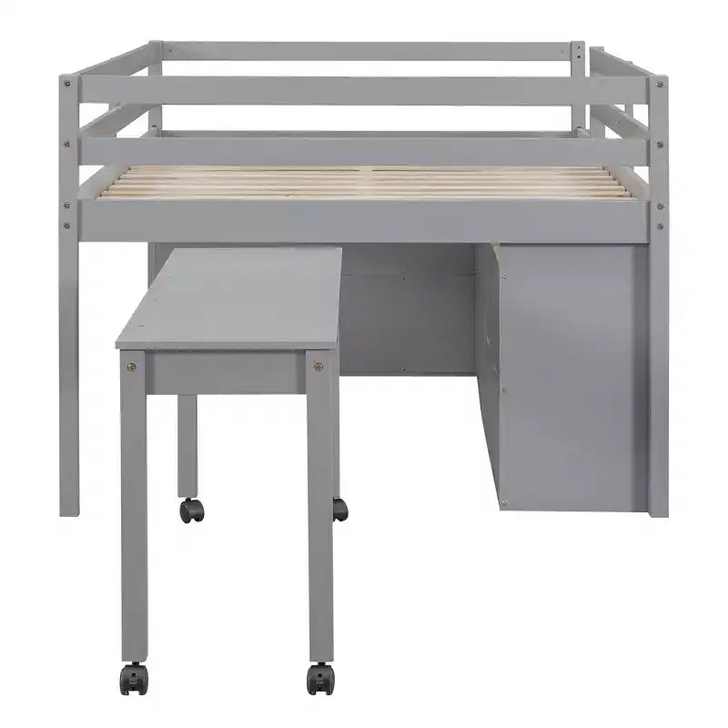 Lit mezzanine double/grand format avec bureau rétractable et 4 tiroirs, cadre de lit mezzanine bas en bois avec étagères - ModernLuxe