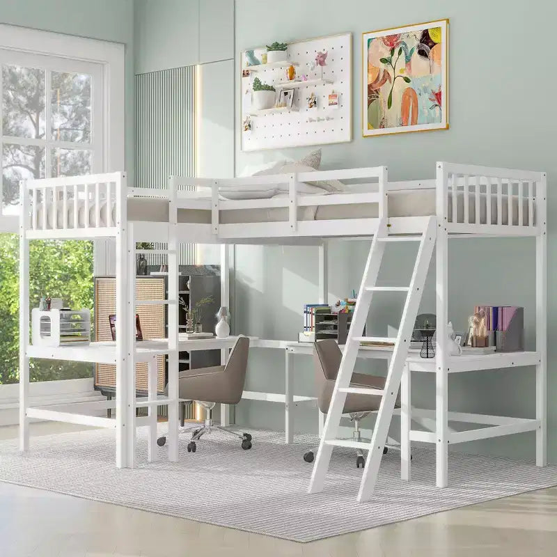 Whisen Lit mezzanine en bois en forme de L, taille double, 119 po L x 79,5 po l, avec échelle et 2 bureaux intégrés en forme de L