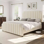 Cadre de lit WhizMax Grand lit/Très grand lit avec tête de lit de 127,5 cm de hauteur, cadre de lit Queen en velours avec tête et pied de lit touffetés à canaux verticaux
