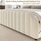Cadre de lit WhizMax Grand lit/Très grand lit avec tête de lit de 127,5 cm de hauteur, cadre de lit Queen en velours avec tête et pied de lit touffetés à canaux verticaux