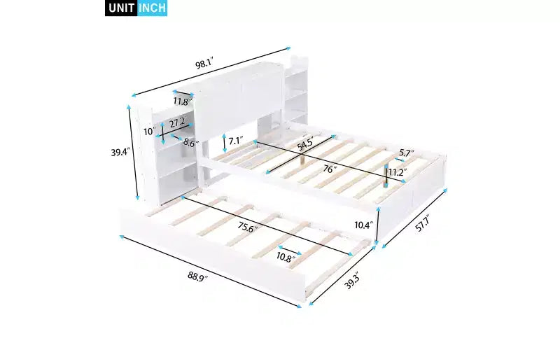 Lit plateforme Whisen avec étagères coulissantes et lit gigogne simple - Blanc