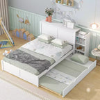Lit plateforme Whisen avec étagères coulissantes et lit gigogne simple - Blanc