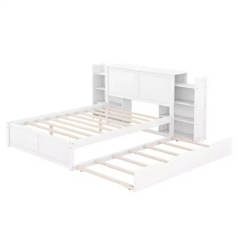 Lit plateforme Whisen avec étagères coulissantes et lit gigogne simple - Blanc