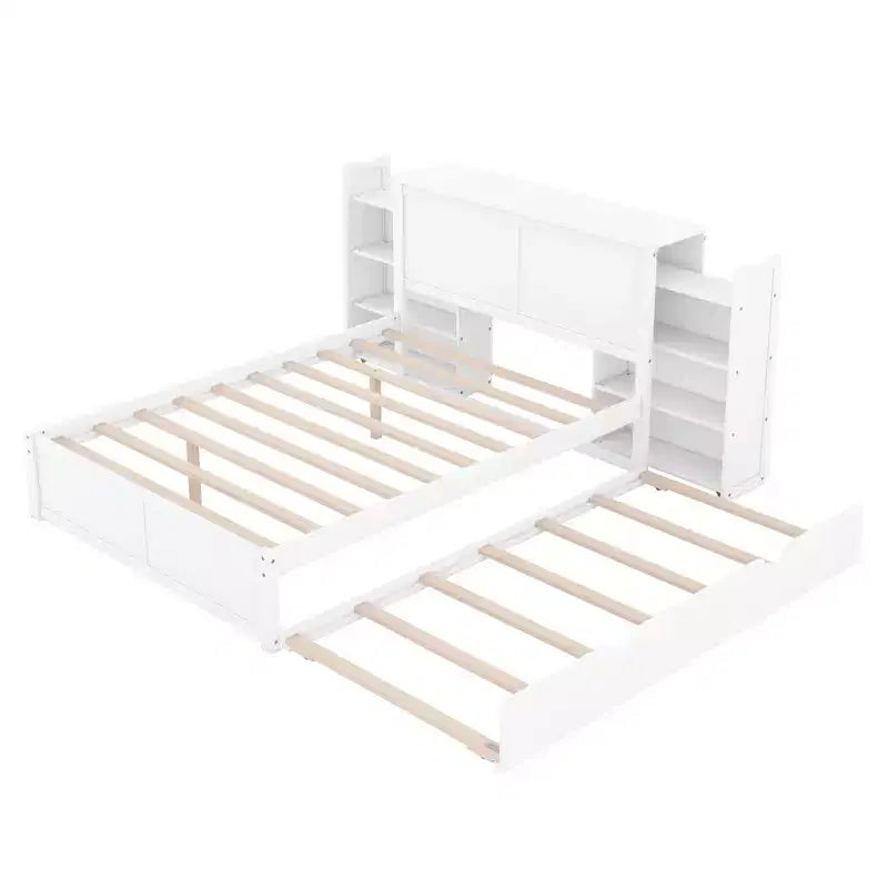Lit plateforme Whisen avec étagères coulissantes et lit gigogne simple - Blanc
