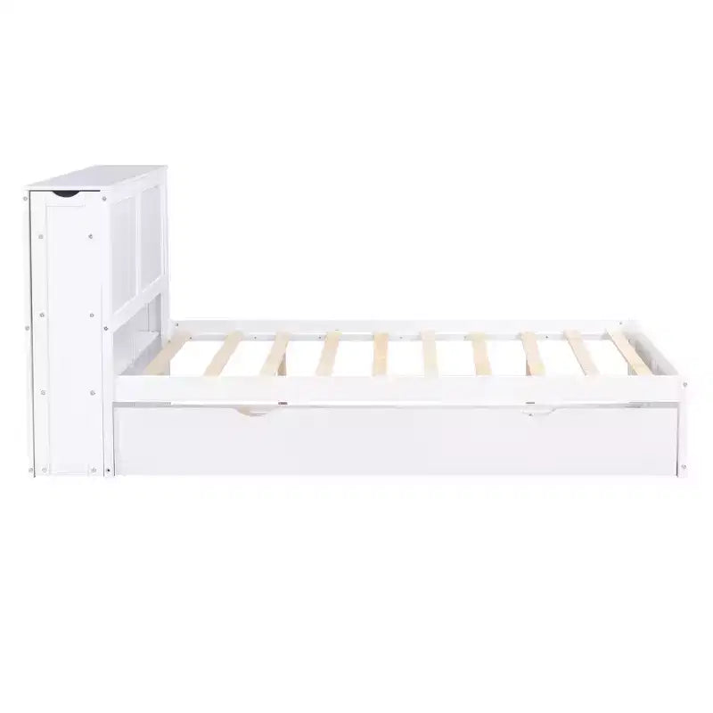 Lit plateforme Whisen avec étagères coulissantes et lit gigogne simple - Blanc