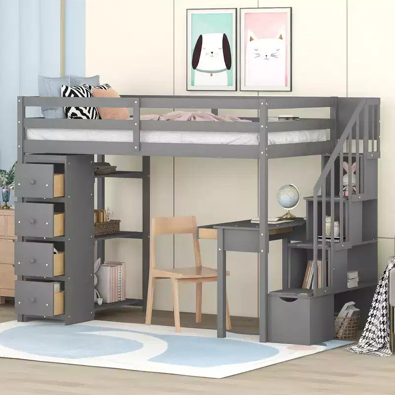 Whisen 94.40''L  41.80''W Modern Design Twin Size Wooden Loft Bed with Storage Drawers, Desk and Stairs