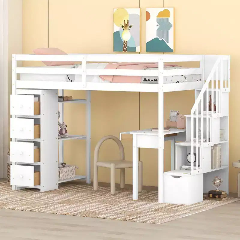 Whisen 94.40''L 41.80''W Lit mezzanine double en bois au design moderne avec tiroirs de rangement, bureau et escalier