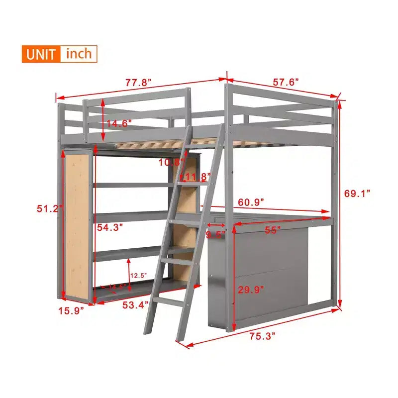 Lit mezzanine pleine grandeur Whisen de 197,6 cm (77,8 po) de long et 191,3 cm (75,3 po) de large avec échelle, étagères et bureau