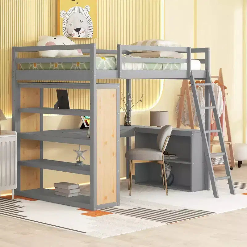 Lit mezzanine pleine grandeur Whisen de 197,6 cm (77,8 po) de long et 191,3 cm (75,3 po) de large avec échelle, étagères et bureau