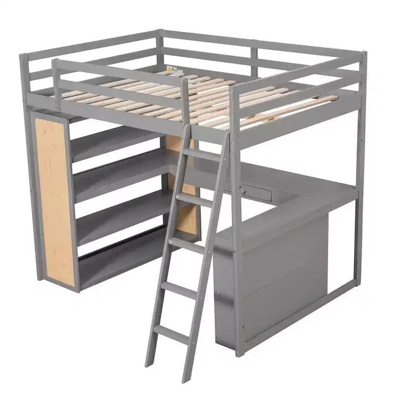 Lit mezzanine pleine grandeur Whisen de 197,6 cm (77,8 po) de long et 191,3 cm (75,3 po) de large avec échelle, étagères et bureau