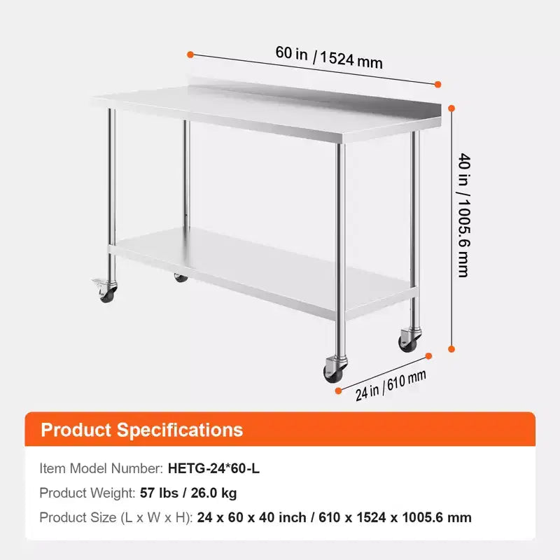 VEVOR Table de Travail en Acier Inoxydable 24 x 60 x 40 Pouces, Table de Préparation Commerciale avec Roulettes, Table de Préparation Robuste, Table de Travail en Métal