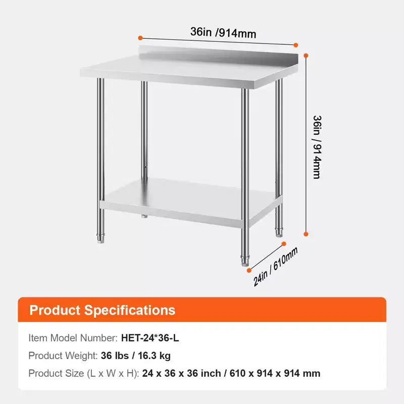 VEVOR Table de Travail en Acier Inoxydable 61 x 91 x 91 cm, Table de Préparation Commerciale Robuste, Table de Travail en Métal