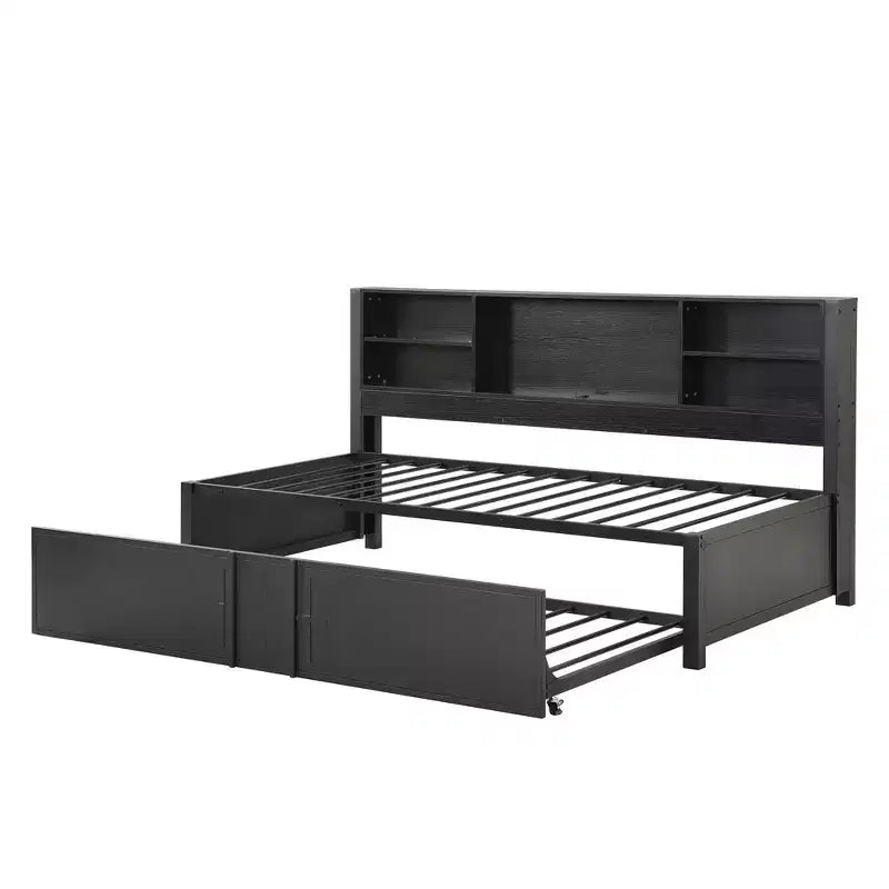 Lit de repos Whisen en métal de taille double avec lit gigogne double, étagères de rangement et ports USB