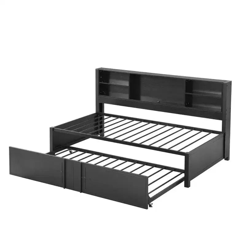 Lit de repos Whisen en métal de taille double avec lit gigogne double, étagères de rangement et ports USB