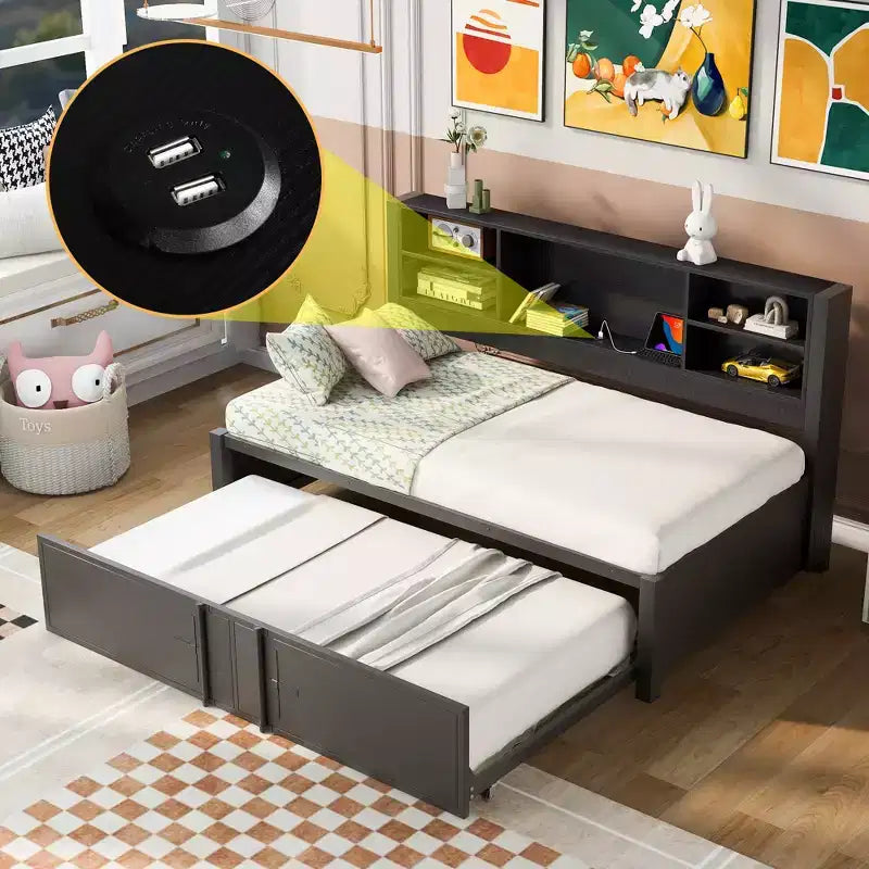 Lit de repos Whisen en métal de taille double avec lit gigogne double, étagères de rangement et ports USB