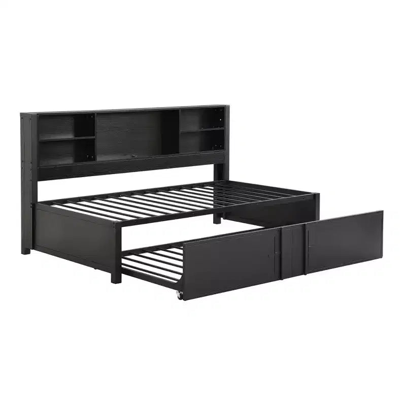 Lit de repos Whisen en métal de taille double avec lit gigogne double, étagères de rangement et ports USB