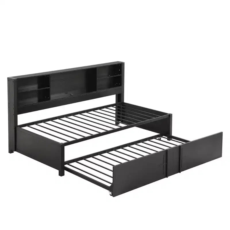 Lit de repos Whisen en métal de taille double avec lit gigogne double, étagères de rangement et ports USB