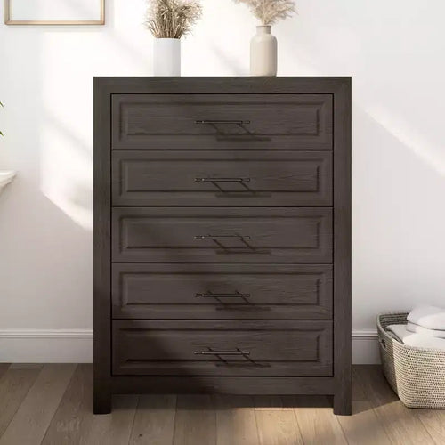 Commode à 5 tiroirs, commode haute en bois de 120 cm, organisateur de rangement rustique avec poignée vintage pour chambre à coucher, placard, couloir.