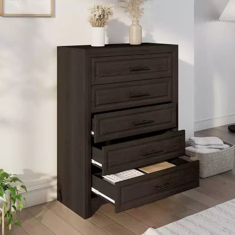 Commode à 5 tiroirs, commode haute en bois de 120 cm, organisateur de rangement rustique avec poignée vintage pour chambre à coucher, placard, couloir.