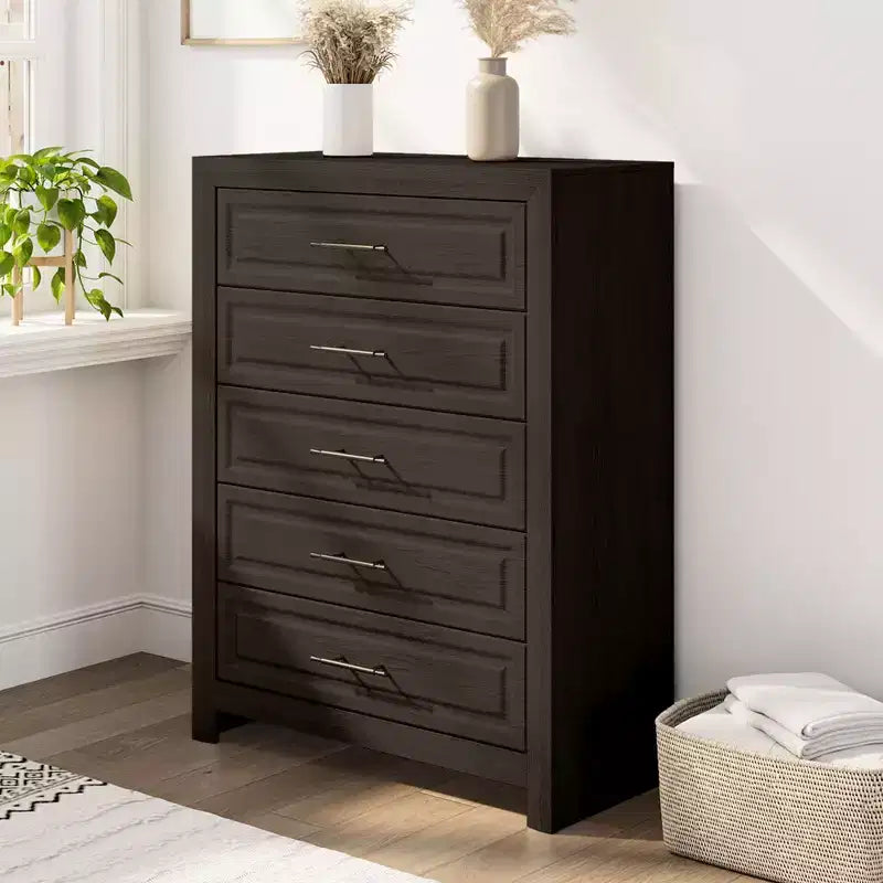 Commode à 5 tiroirs, commode haute en bois de 120 cm, organisateur de rangement rustique avec poignée vintage pour chambre à coucher, placard, couloir.
