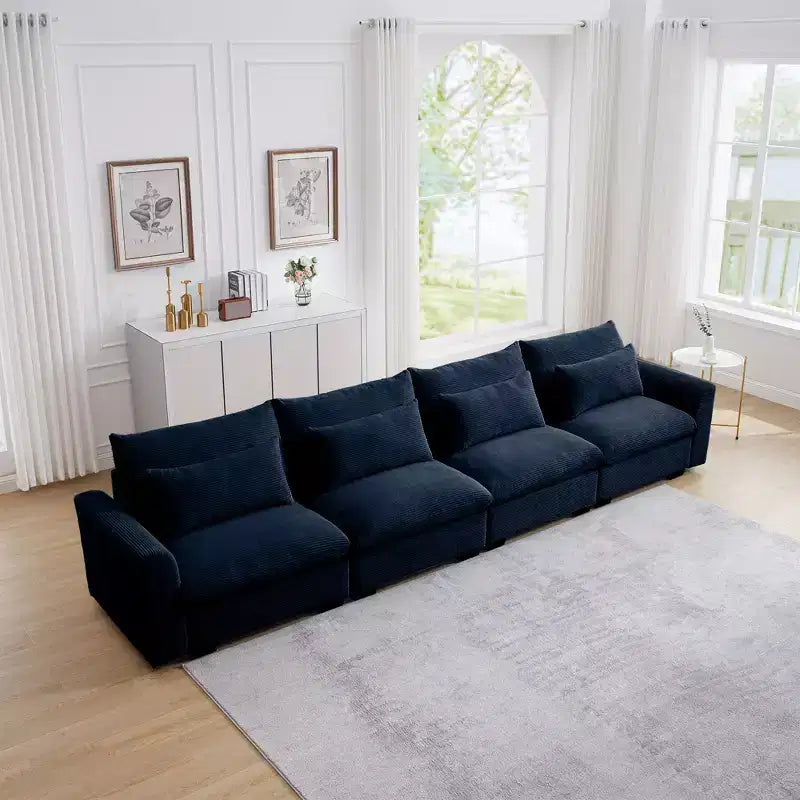 Canapés 4 places à assise profonde, canapés modernes en velours côtelé beige pour salon, design confortable avec 4 coussins lombaires