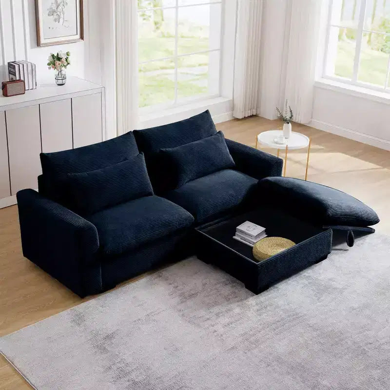 Canapé d'angle confortable en velours côtelé avec oreillers et accoudoirs ronds, canapé-lit moderne profond avec pouf de rangement