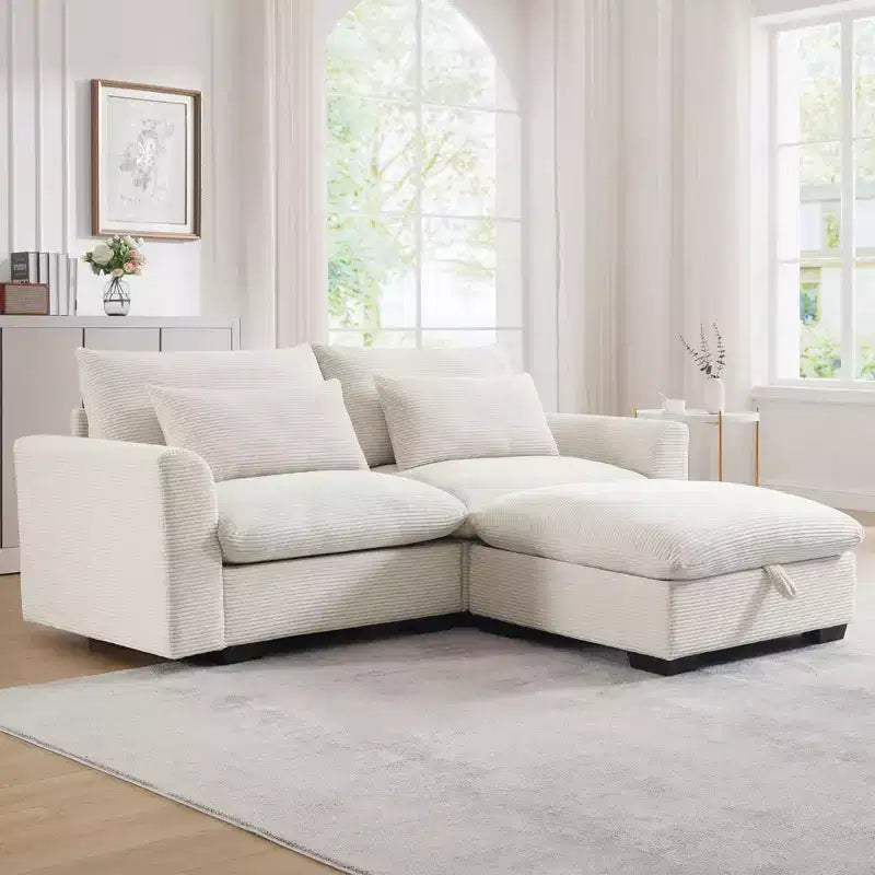 Comfy Corduroy Sectional Sofa with Pillows and Round Armrests, Modern Sofa Sleeper Deep Couch with Storage Ottoman