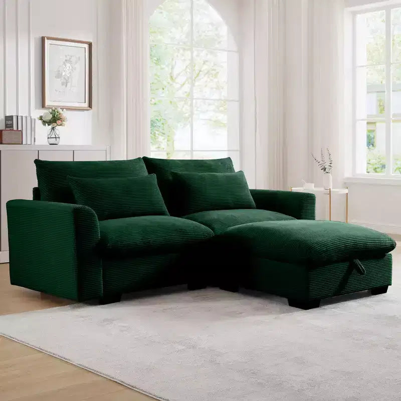 Canapé d'angle confortable en velours côtelé avec oreillers et accoudoirs ronds, canapé-lit moderne profond avec pouf de rangement