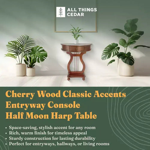 Table console harpe demi-lune en bois All Things Cedar avec tiroir de rangement pour salon et entrée, meuble d'appoint, accents classiques, cerisier