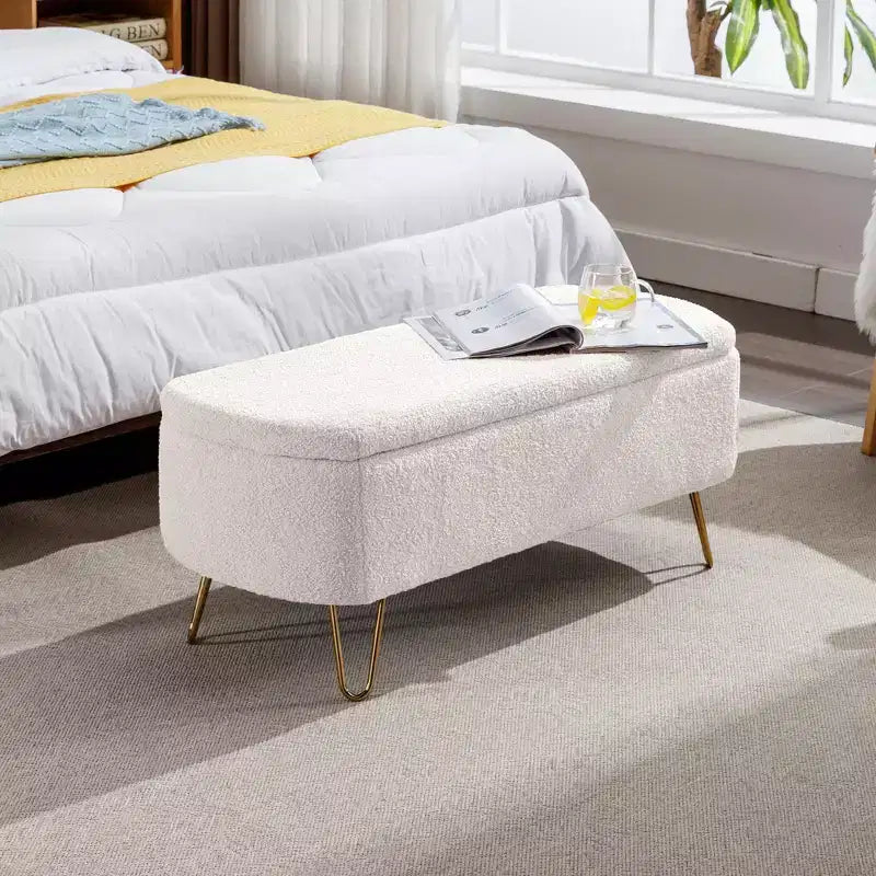 Zeus & Ruta Modern Upholstered Storage Ottoman Bench for End of Bed Gold Legs
