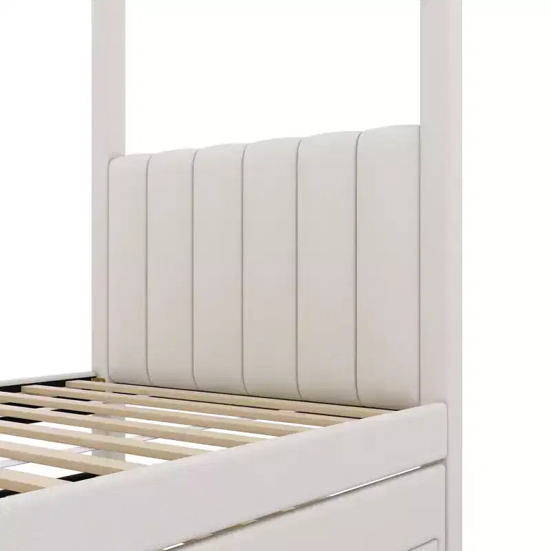 Lit plateforme à baldaquin Whisen de taille standard en lin avec lit gigogne et trois tiroirs de rangement