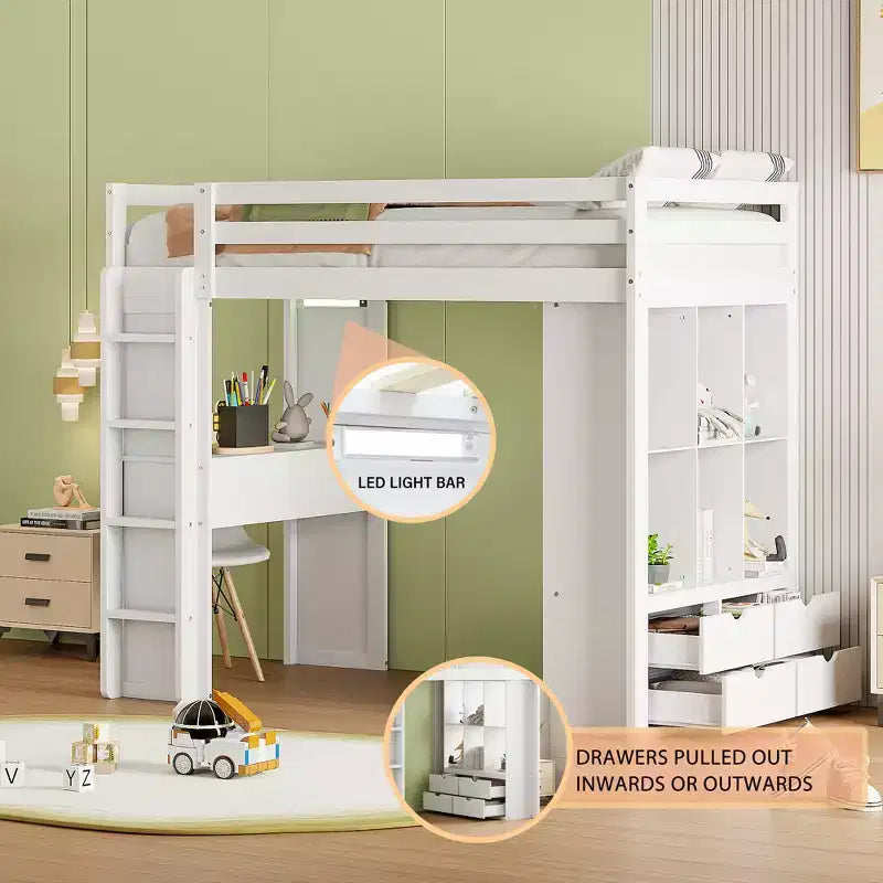 Lit mezzanine double/grand format avec bureau et éclairage LED, cadre de lit mezzanine en bois massif avec étagères et échelle - HABITRIO