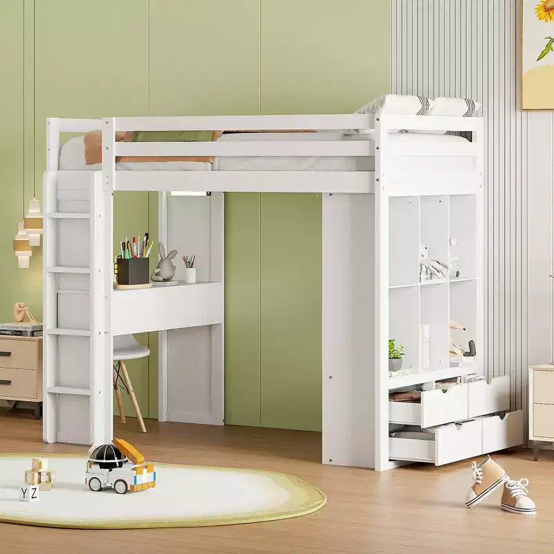 Lit mezzanine double/grand format avec bureau et éclairage LED, cadre de lit mezzanine en bois massif avec étagères et échelle - HABITRIO