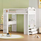 Lit mezzanine double/grand format avec bureau et éclairage LED, cadre de lit mezzanine en bois massif avec étagères et échelle - HABITRIO