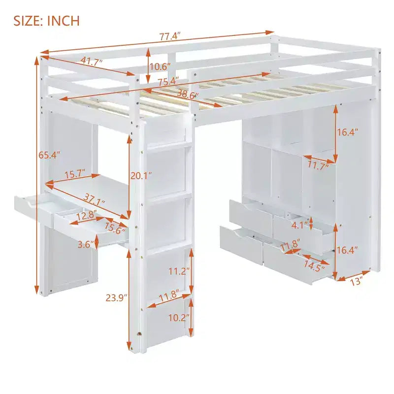 Lit mezzanine double/grand format avec bureau et éclairage LED, cadre de lit mezzanine en bois massif avec étagères et échelle - HABITRIO