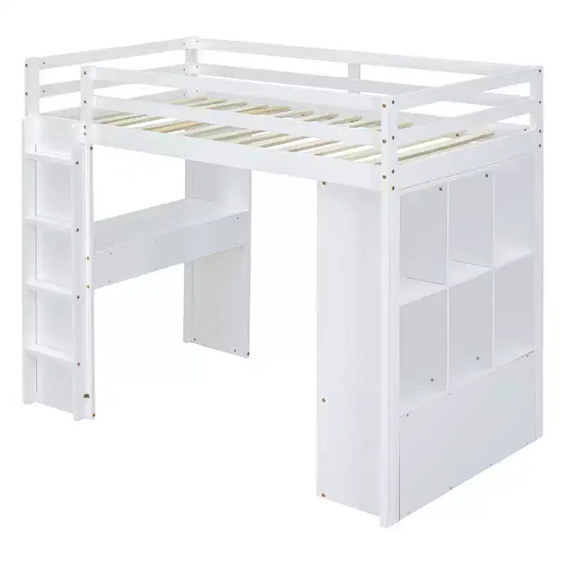 Lit mezzanine double/grand format avec bureau et éclairage LED, cadre de lit mezzanine en bois massif avec étagères et échelle - HABITRIO