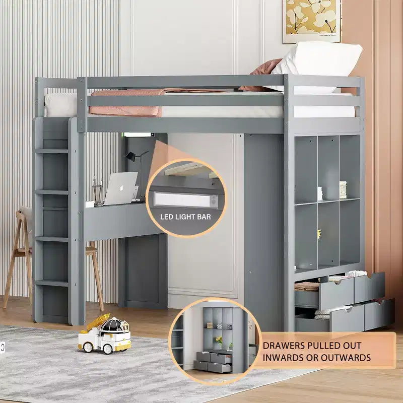 Lit mezzanine double/grand format avec bureau et éclairage LED, cadre de lit mezzanine en bois massif avec étagères et échelle - HABITRIO