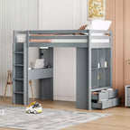 Lit mezzanine double/grand format avec bureau et éclairage LED, cadre de lit mezzanine en bois massif avec étagères et échelle - HABITRIO
