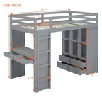 Lit mezzanine double/grand format avec bureau et éclairage LED, cadre de lit mezzanine en bois massif avec étagères et échelle - HABITRIO