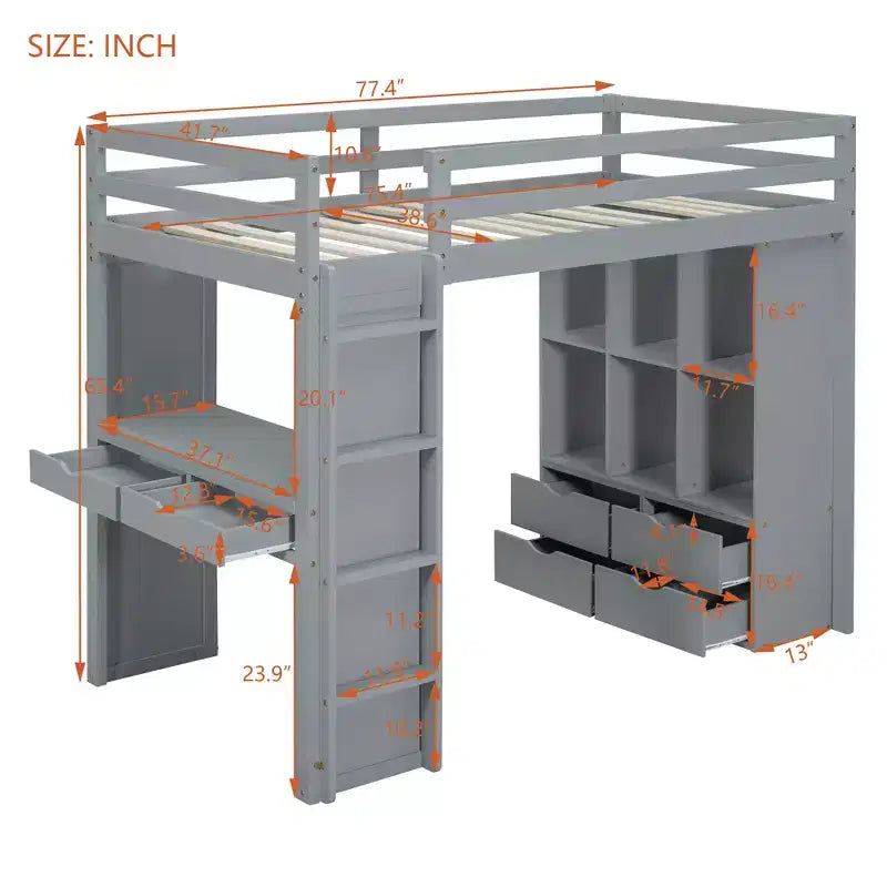 Lit mezzanine double/grand format avec bureau et éclairage LED, cadre de lit mezzanine en bois massif avec étagères et échelle - HABITRIO