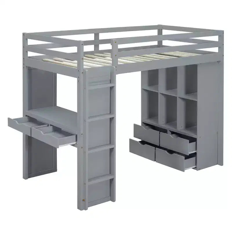 Lit mezzanine double/grand format avec bureau et éclairage LED, cadre de lit mezzanine en bois massif avec étagères et échelle - HABITRIO