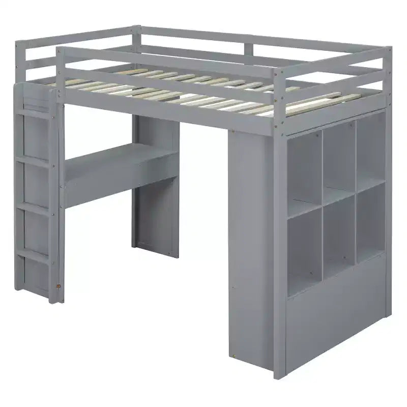 Lit mezzanine double/grand format avec bureau et éclairage LED, cadre de lit mezzanine en bois massif avec étagères et échelle - HABITRIO